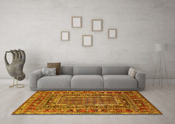 Machine Washable Oriental Yellow Industrial Rug in a Living Room, wshurb1584yw