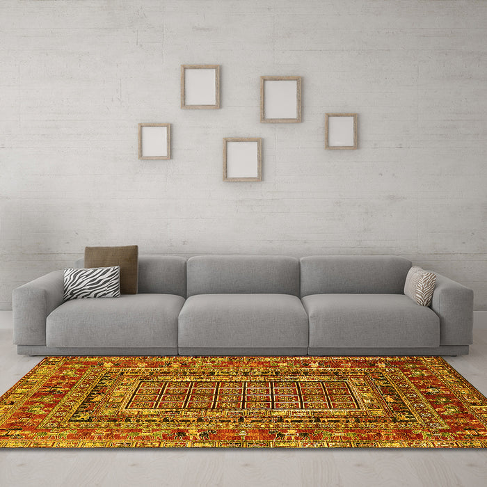 Machine Washable Oriental Yellow Industrial Rug in a Living Room, wshurb1584yw