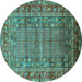 Round Machine Washable Oriental Turquoise Industrial Area Rugs, wshurb1585turq