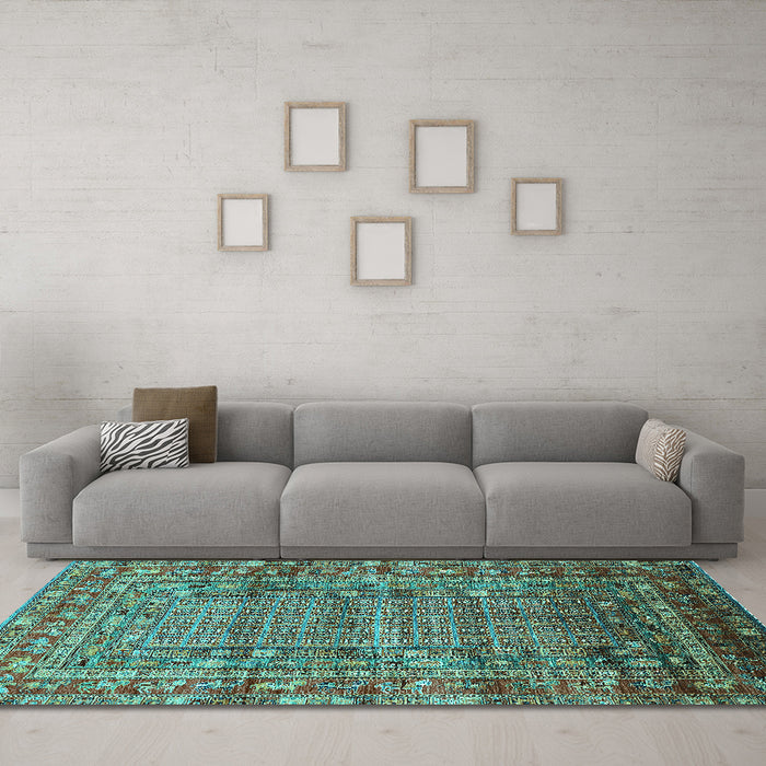 Machine Washable Oriental Turquoise Industrial Area Rugs in a Living Room,, wshurb1585turq