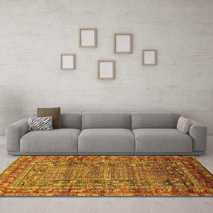 Machine Washable Oriental Yellow Industrial Rug in a Living Room, wshurb1585yw