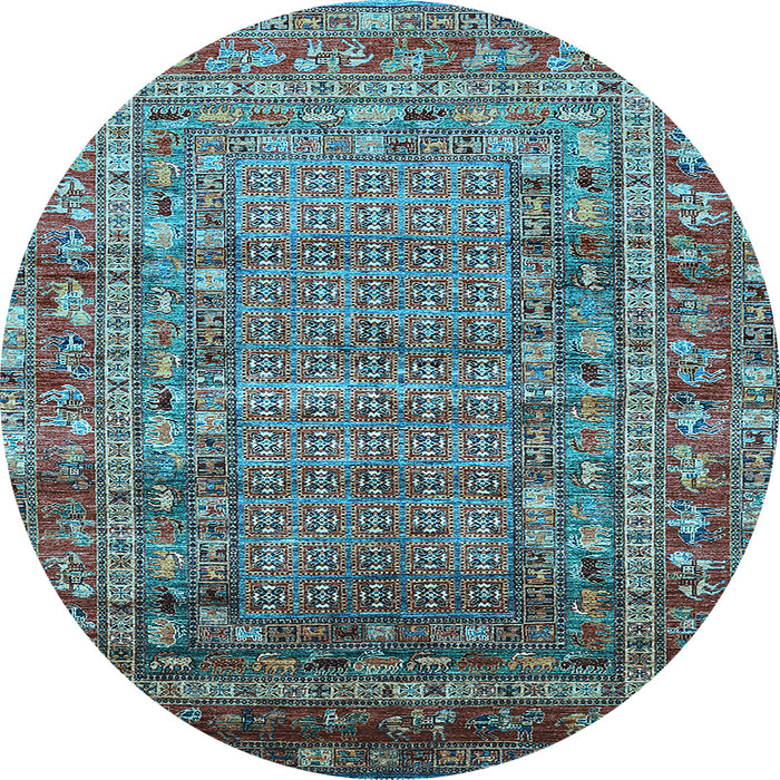 Round Machine Washable Oriental Light Blue Industrial Rug, wshurb1585lblu