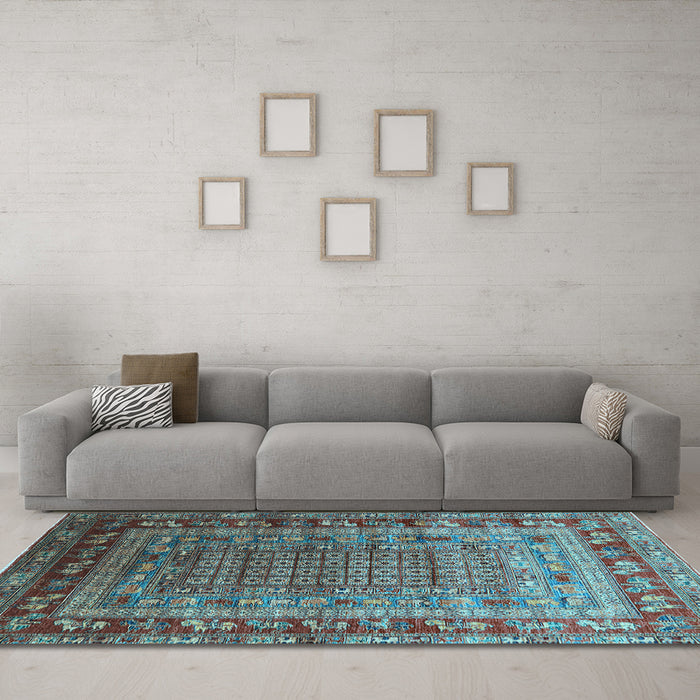 Machine Washable Oriental Light Blue Industrial Rug in a Living Room, wshurb1586lblu