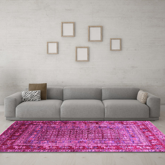 Machine Washable Oriental Pink Industrial Rug in a Living Room, wshurb1586pnk