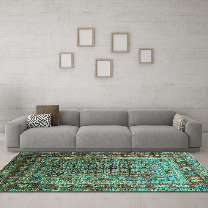 Machine Washable Oriental Turquoise Industrial Area Rugs in a Living Room,, wshurb1586turq