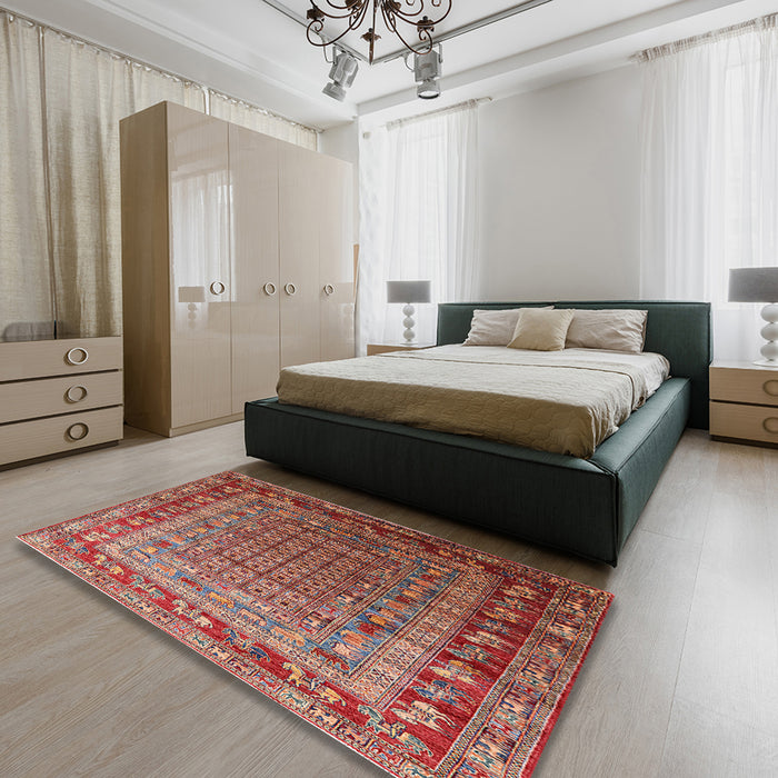 Mid-Century Modern Red Oriental Rug in a Bedroom, urb1586