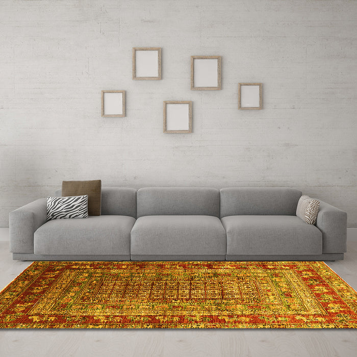 Machine Washable Oriental Yellow Industrial Rug in a Living Room, wshurb1586yw