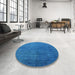 Round Mid-Century Modern Neon Blue Oriental Rug in a Office, urb1587