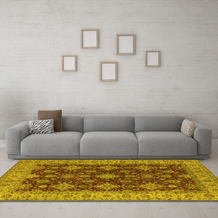 Machine Washable Oriental Yellow Industrial Rug in a Living Room, wshurb1597yw