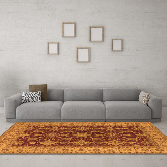 Machine Washable Oriental Orange Industrial Area Rugs in a Living Room, wshurb1597org