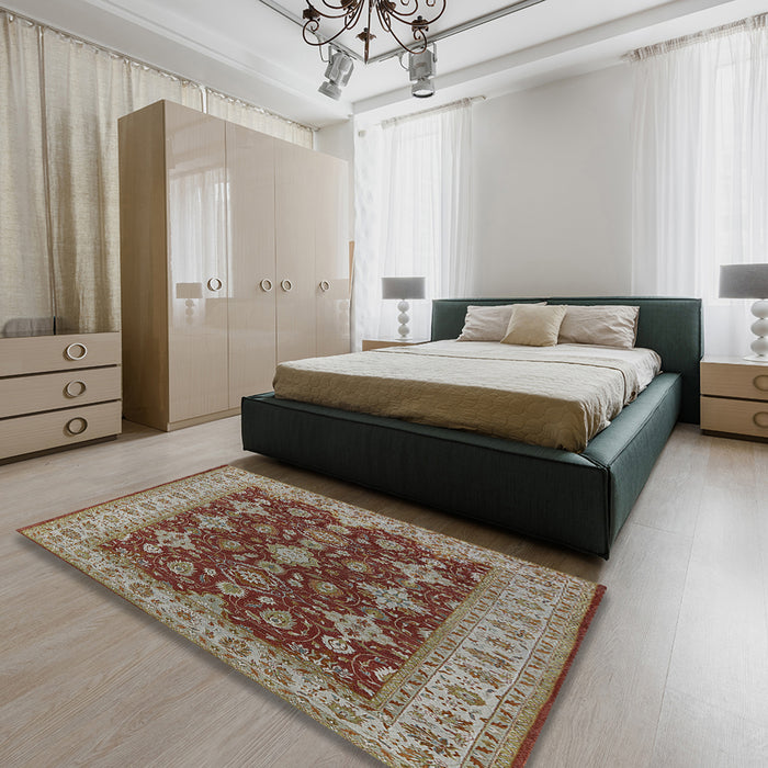 Mid-Century Modern Dark Sienna Brown Oriental Rug in a Bedroom, urb1597