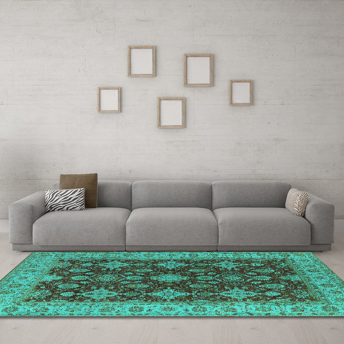 Machine Washable Oriental Turquoise Industrial Area Rugs in a Living Room,, wshurb1597turq