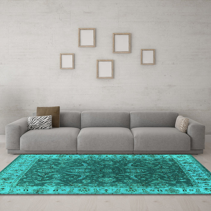 Machine Washable Oriental Turquoise Industrial Area Rugs in a Living Room,, wshurb1598turq