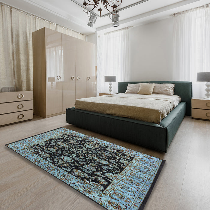 Mid-Century Modern Blue Oriental Rug in a Bedroom, urb1599