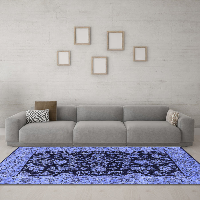 Machine Washable Oriental Blue Industrial Rug in a Living Room, wshurb1599blu