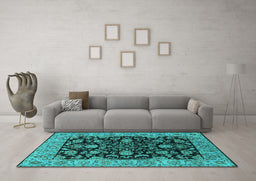Machine Washable Oriental Turquoise Industrial Area Rugs in a Living Room,, wshurb1599turq