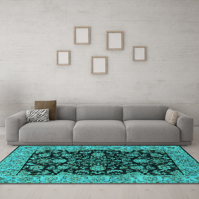Machine Washable Oriental Turquoise Industrial Area Rugs in a Living Room,, wshurb1599turq