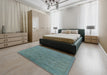 Mid-Century Modern Cadet Blue Green Oriental Rug in a Bedroom, urb1600