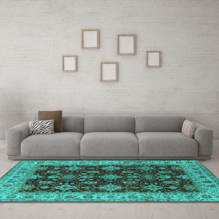Machine Washable Oriental Turquoise Industrial Area Rugs in a Living Room,, wshurb1601turq