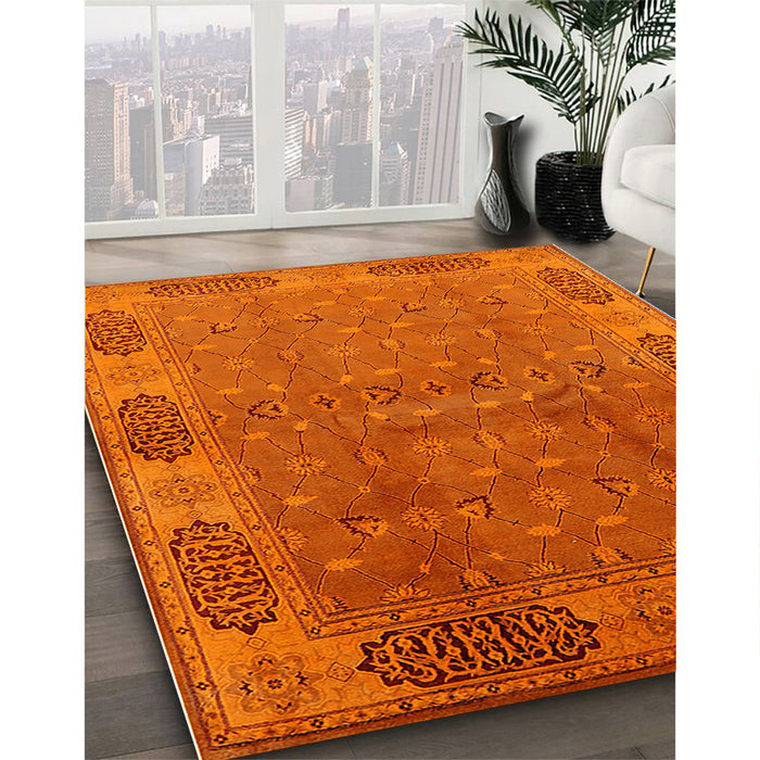Mid-Century Modern Neon Orange Oriental Rug in Family Room, urb1602