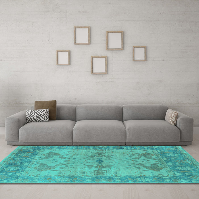 Machine Washable Oriental Turquoise Industrial Area Rugs in a Living Room,, wshurb1608turq