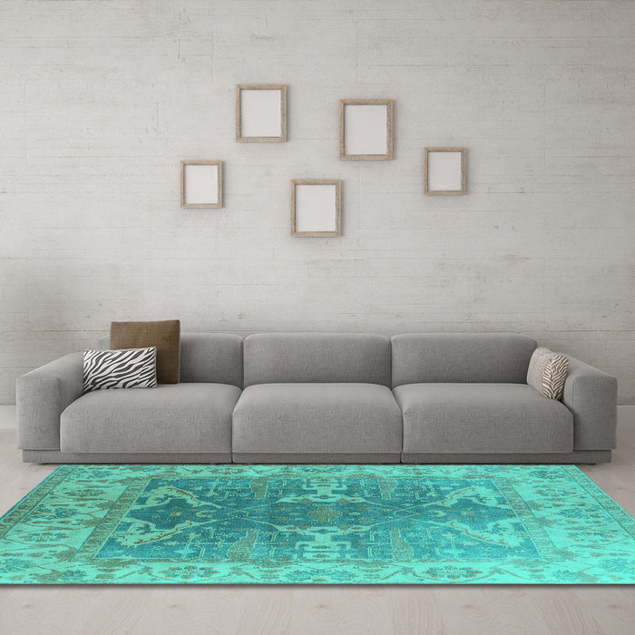 Machine Washable Oriental Turquoise Industrial Area Rugs in a Living Room,, wshurb1609turq