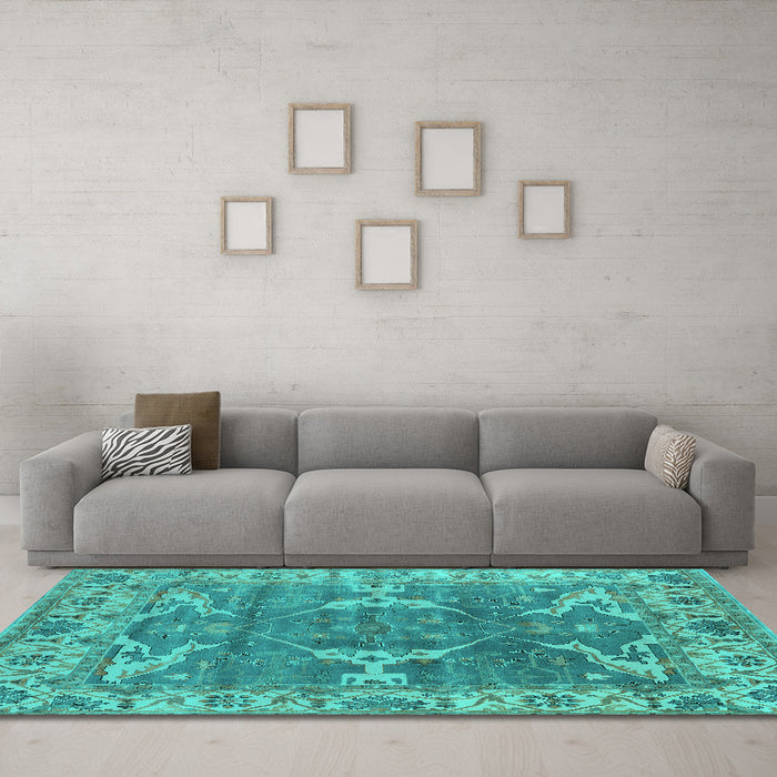 Machine Washable Oriental Turquoise Industrial Area Rugs in a Living Room,, wshurb1614turq