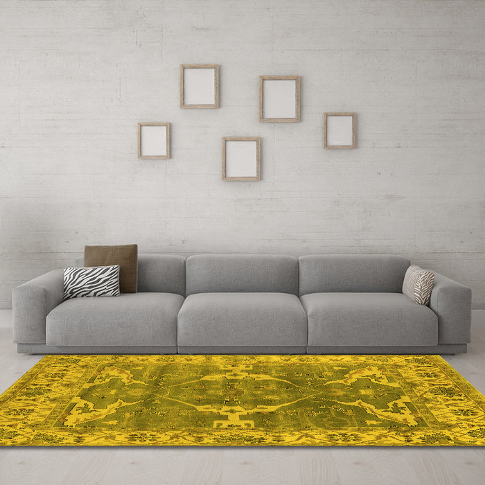 Machine Washable Oriental Yellow Industrial Rug in a Living Room, wshurb1614yw