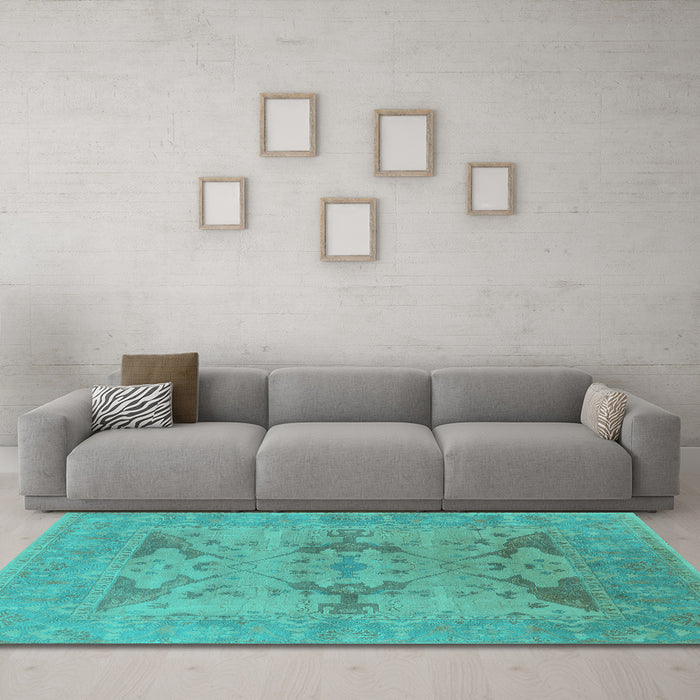 Machine Washable Oriental Turquoise Industrial Area Rugs in a Living Room,, wshurb1617turq