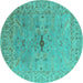 Round Machine Washable Oriental Turquoise Industrial Area Rugs, wshurb1619turq