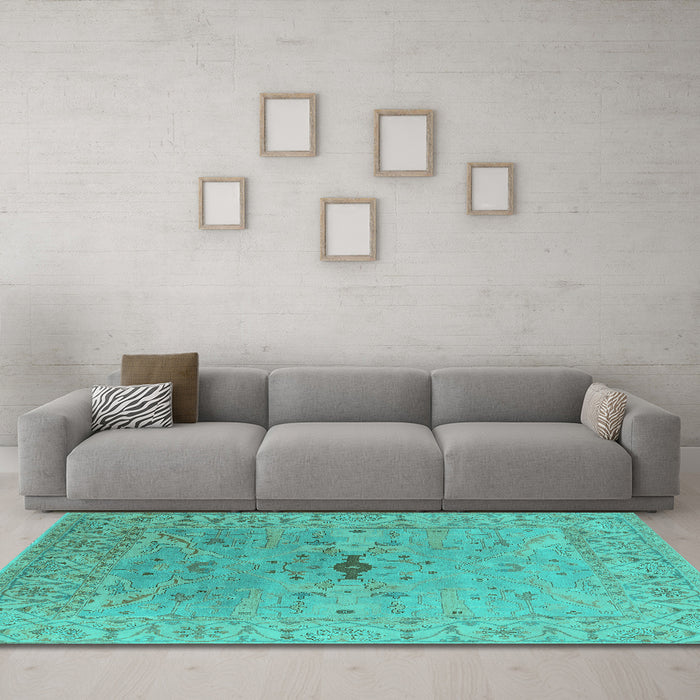 Machine Washable Oriental Turquoise Industrial Area Rugs in a Living Room,, wshurb1619turq