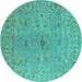 Round Machine Washable Oriental Turquoise Industrial Area Rugs, wshurb1621turq