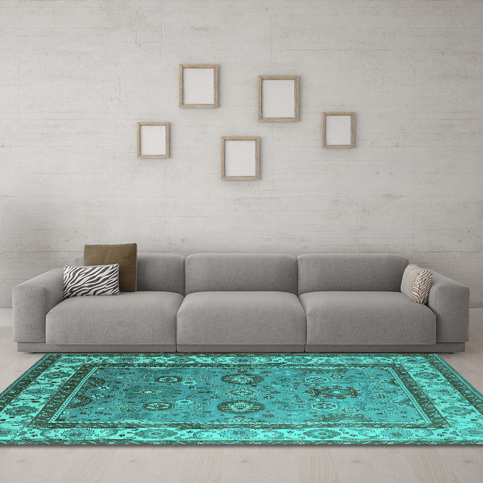 Machine Washable Oriental Turquoise Industrial Area Rugs in a Living Room,, wshurb1628turq