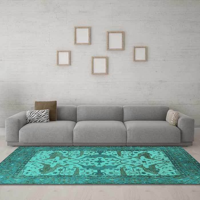 Machine Washable Oriental Turquoise Industrial Area Rugs in a Living Room,, wshurb1629turq