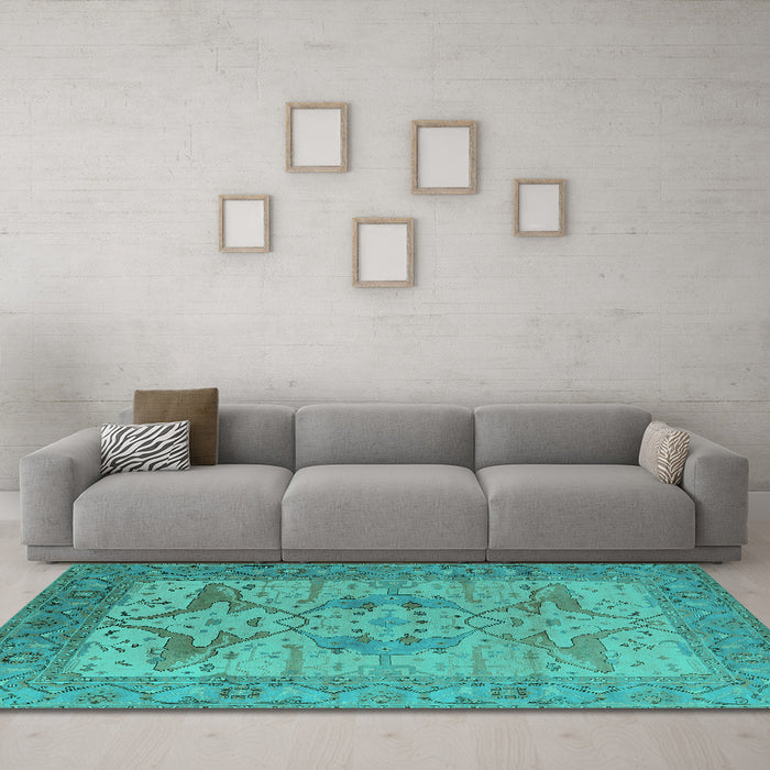 Machine Washable Oriental Turquoise Industrial Area Rugs in a Living Room,, wshurb1631turq