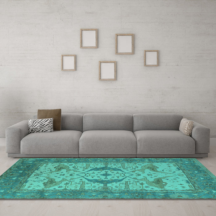 Machine Washable Oriental Turquoise Industrial Area Rugs in a Living Room,, wshurb1632turq