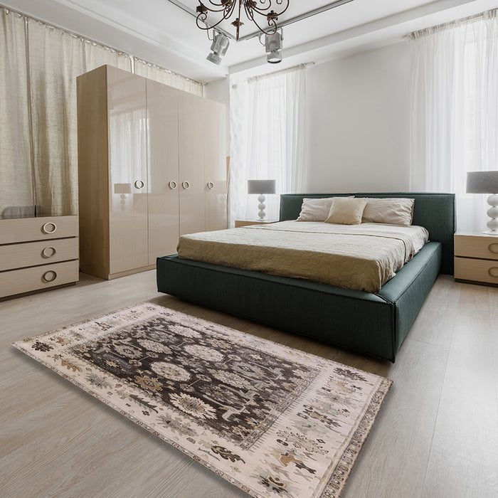 Mid-Century Modern Brown Oriental Rug in a Bedroom, urb1635