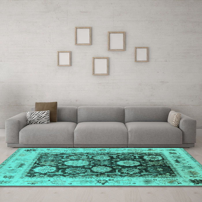 Machine Washable Oriental Turquoise Industrial Area Rugs in a Living Room,, wshurb1635turq