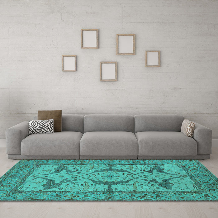 Machine Washable Oriental Turquoise Industrial Area Rugs in a Living Room,, wshurb1637turq