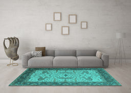 Machine Washable Oriental Turquoise Industrial Area Rugs in a Living Room,, wshurb1639turq
