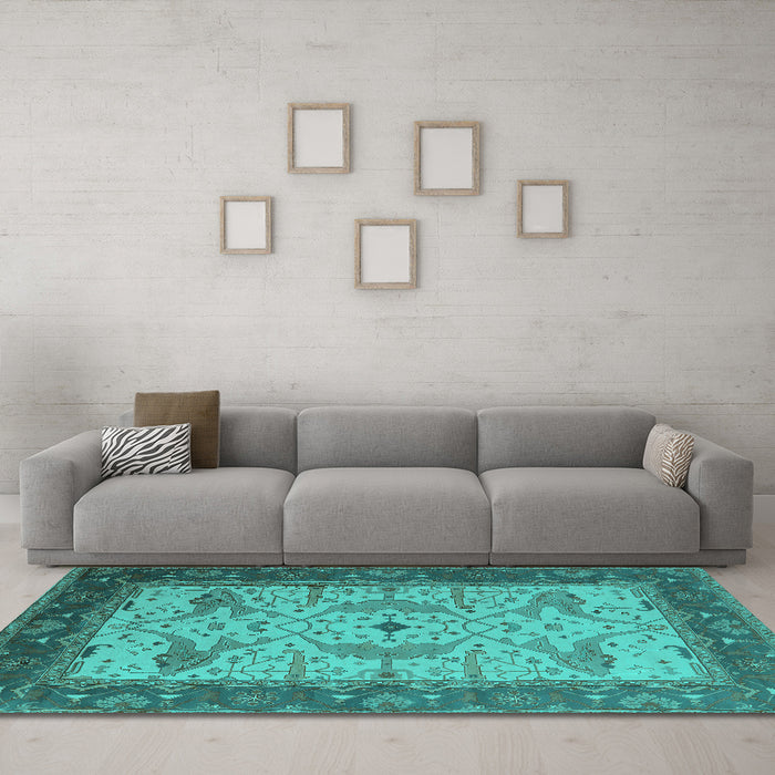 Machine Washable Oriental Turquoise Industrial Area Rugs in a Living Room,, wshurb1639turq