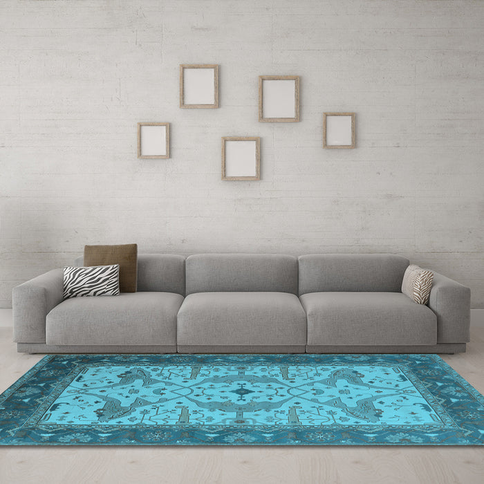 Machine Washable Oriental Light Blue Industrial Rug in a Living Room, wshurb1639lblu