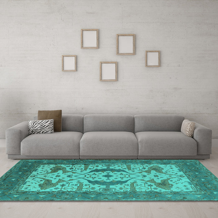 Machine Washable Oriental Turquoise Industrial Area Rugs in a Living Room,, wshurb1640turq