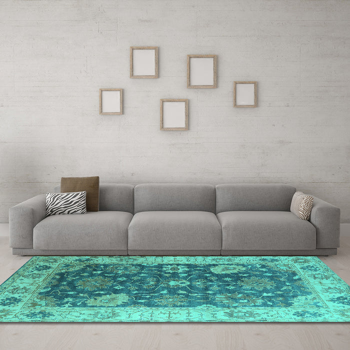 Machine Washable Oriental Turquoise Industrial Area Rugs in a Living Room,, wshurb1641turq