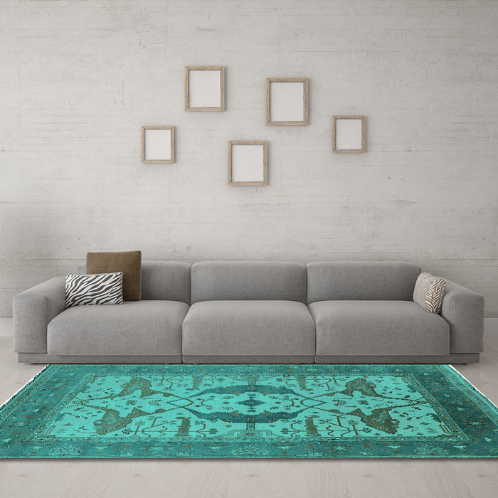 Machine Washable Oriental Turquoise Industrial Area Rugs in a Living Room,, wshurb1642turq