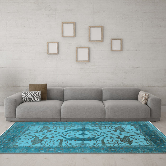 Machine Washable Oriental Light Blue Industrial Rug in a Living Room, wshurb1642lblu