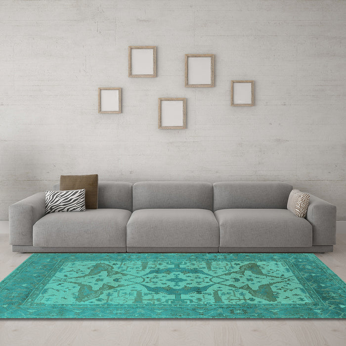 Machine Washable Oriental Turquoise Industrial Area Rugs in a Living Room,, wshurb1643turq