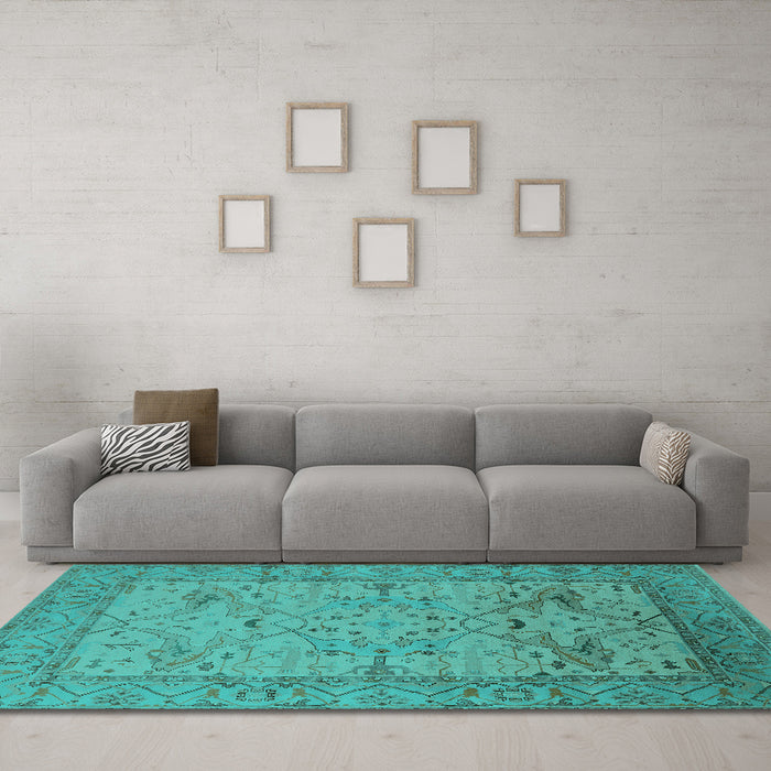 Machine Washable Oriental Turquoise Industrial Area Rugs in a Living Room,, wshurb1644turq
