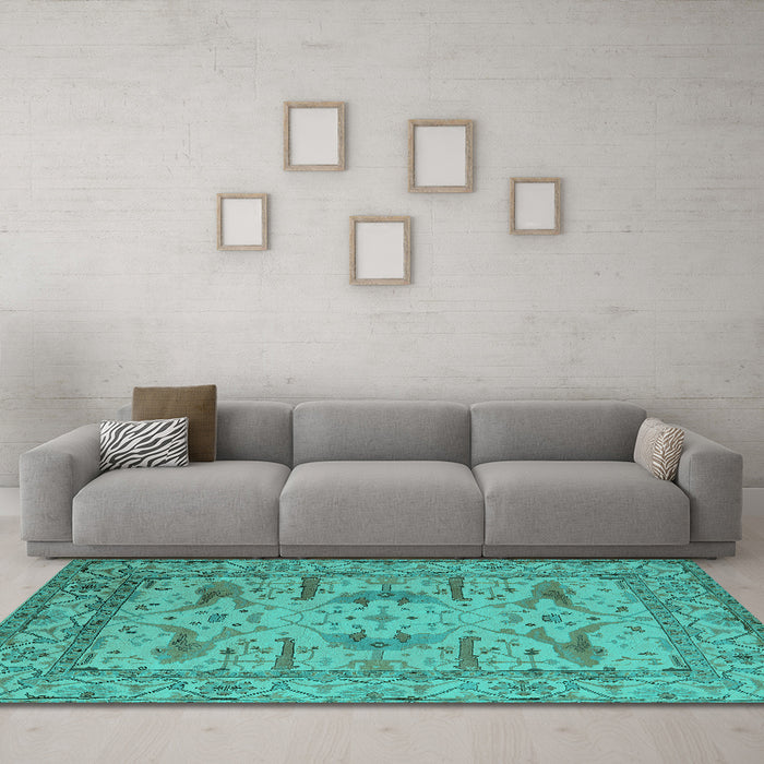 Machine Washable Oriental Turquoise Industrial Area Rugs in a Living Room,, wshurb1646turq