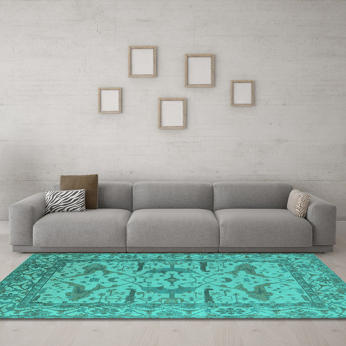 Machine Washable Oriental Turquoise Industrial Area Rugs in a Living Room,, wshurb1647turq